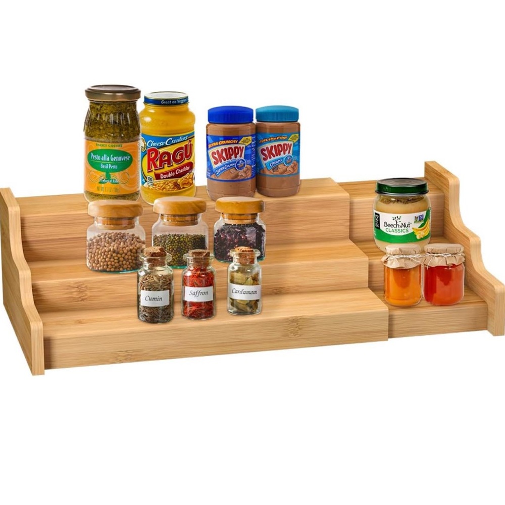 Spice Rack Kitchen Cabinet Organizer- 3 Tier Bamboo Expandable Display Shelf